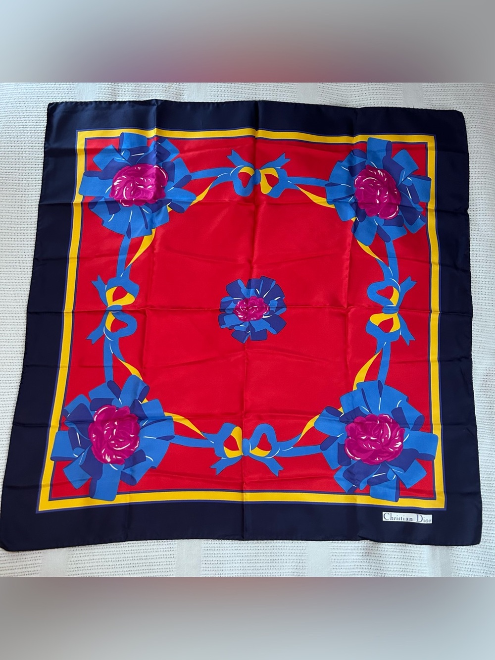 Vintage Christian Dior Silk Scarf Blue Red Floral Square